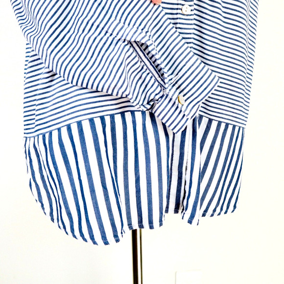 J Jill Size L Woven Rayon Button Down Shirt Contrast Stripe Blue White - Picture 7 of 9